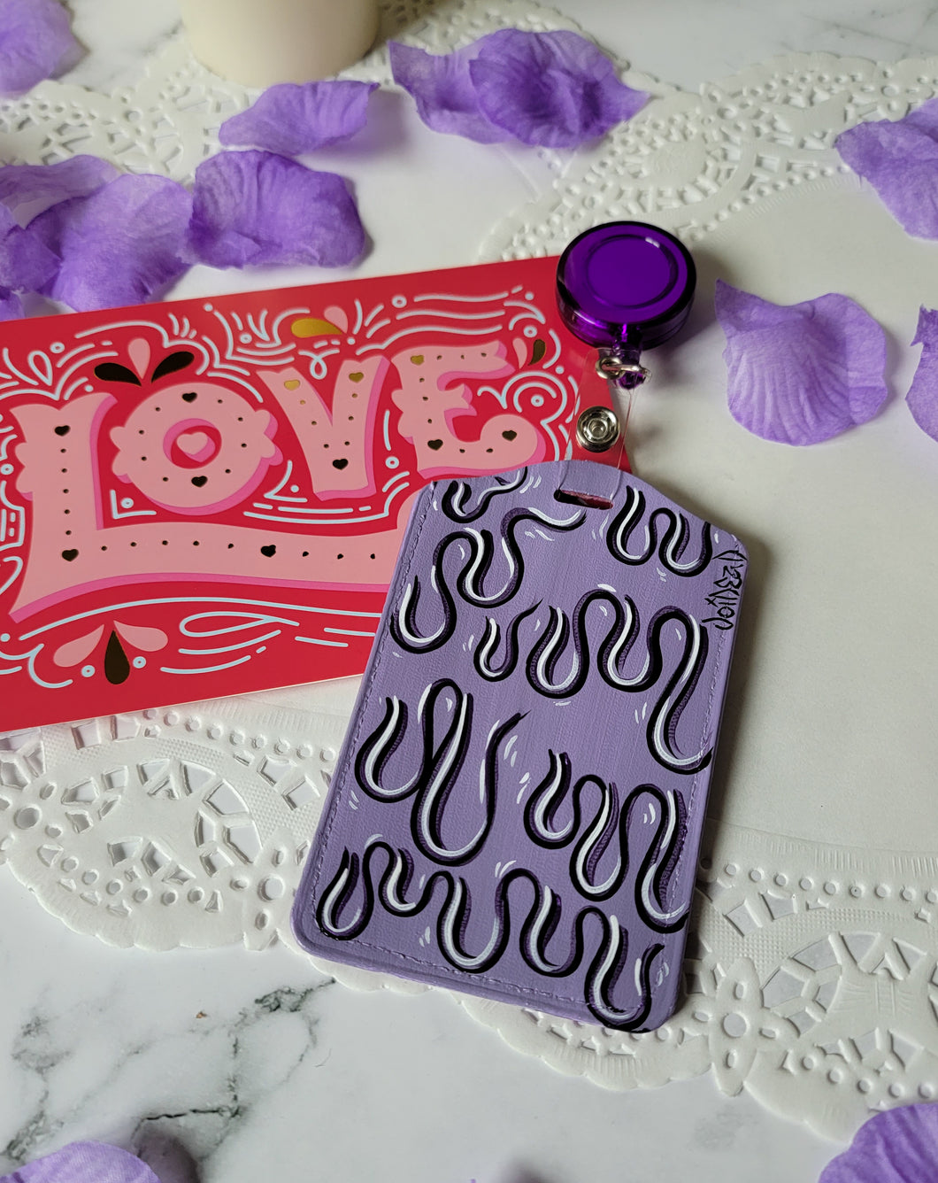 Purple Drip painted retractable ID Tag By VOIDEaD