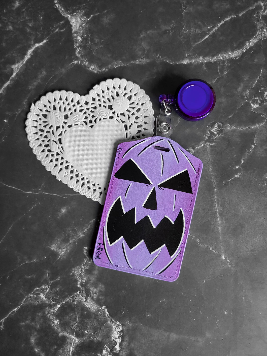 Purple Pumpkin painted retractable ID Tag  By VOIDEaD