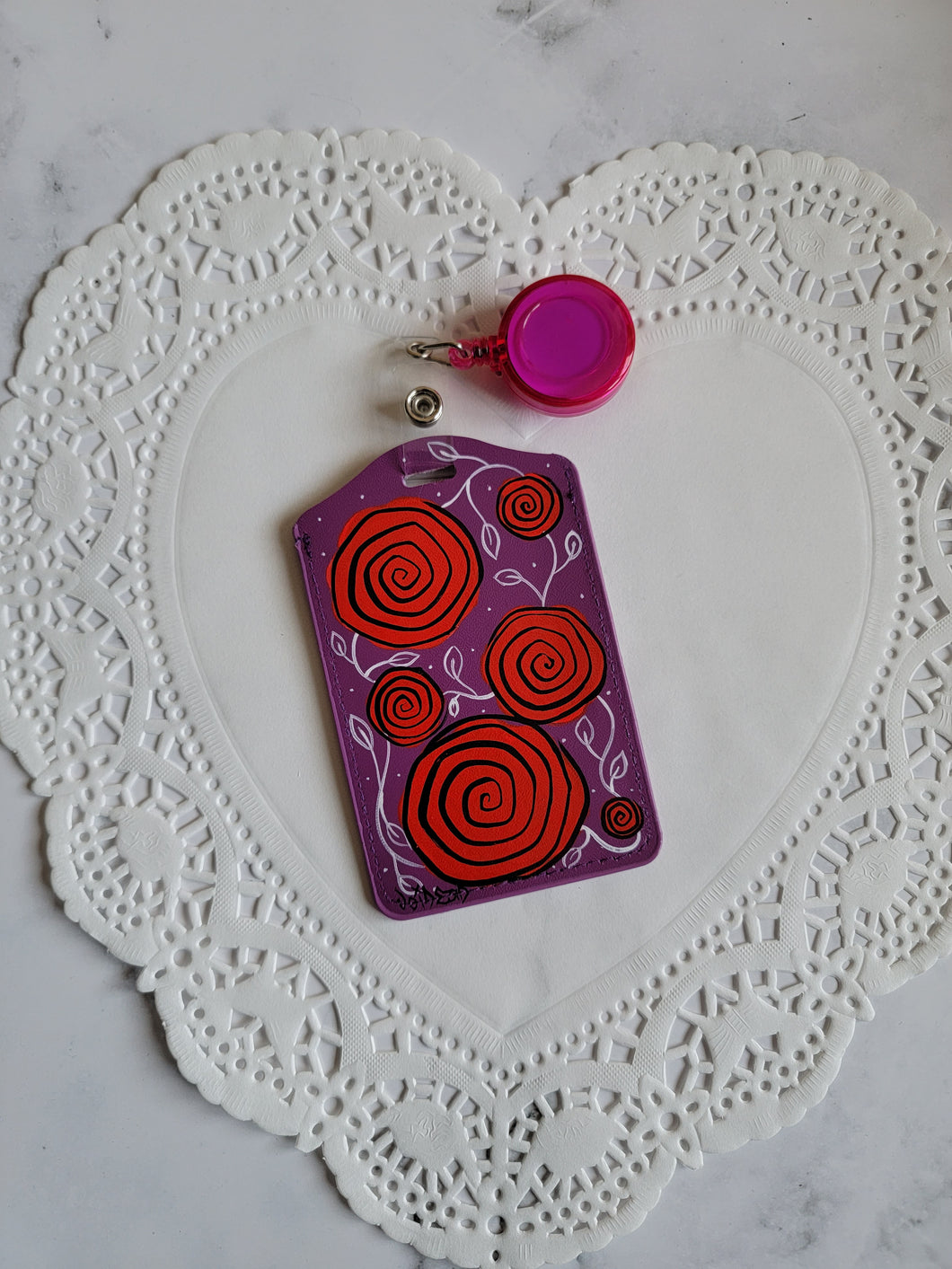 Purple Roses painted retractable ID Tag By VOIDEaD
